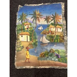 Haitian Island Folkart Oil Painting on Canvas SEASIDE VILLAGE SCENE